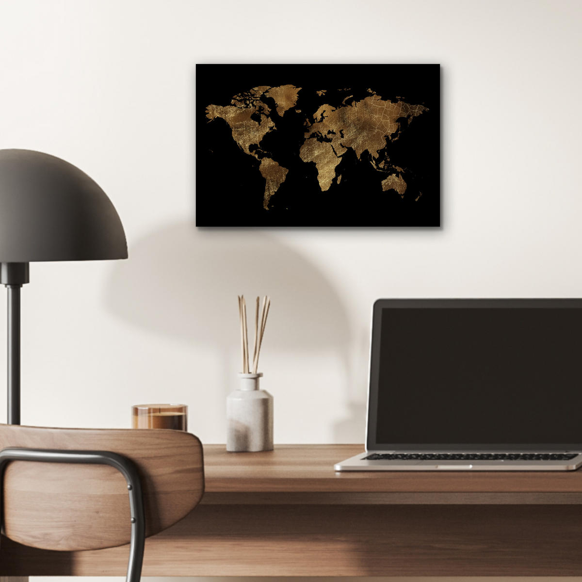 KOVOVÝ OBRAZ Mapa sveta - Zlato - Luxus - Zem - Čierna 30x20 cm - zlatá, kov (30/20cm) - MuchoWow
