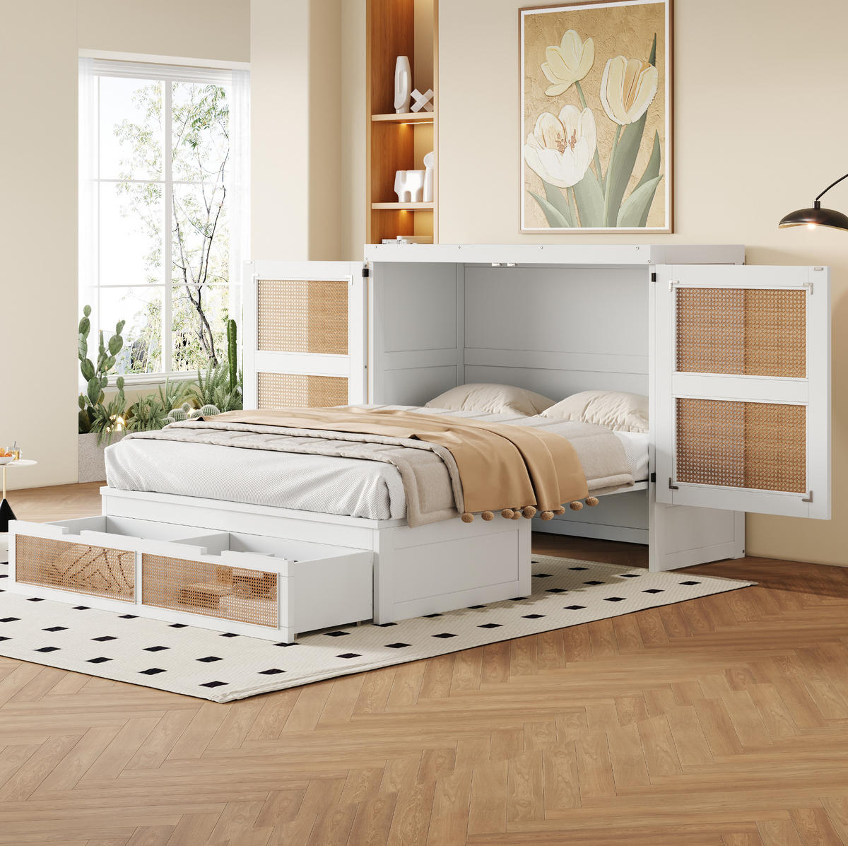 MULTIFUNKTIONSBETT 140/200 cm Weiß Rattan-Design mit Stauraumschubladen aus Holz - Weiß, Holzwerkstoff (140/200cm) - OKWISH