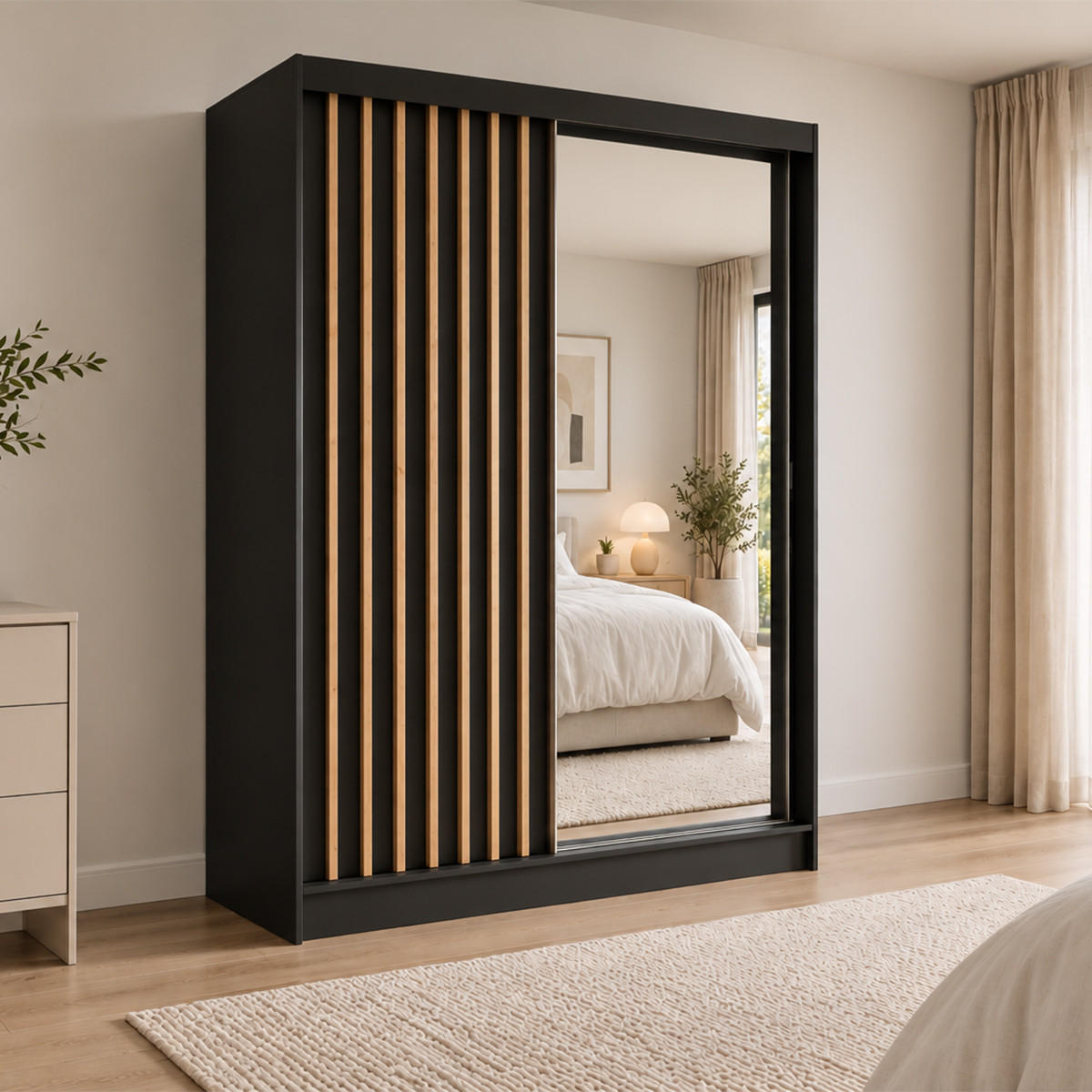 KLEIDERSCHRANK Lumil 120 cm Schwarz Spiegel Griffe silber - Schwarz, Holzwerkstoff (120/216/61cm) - KS Home Concept