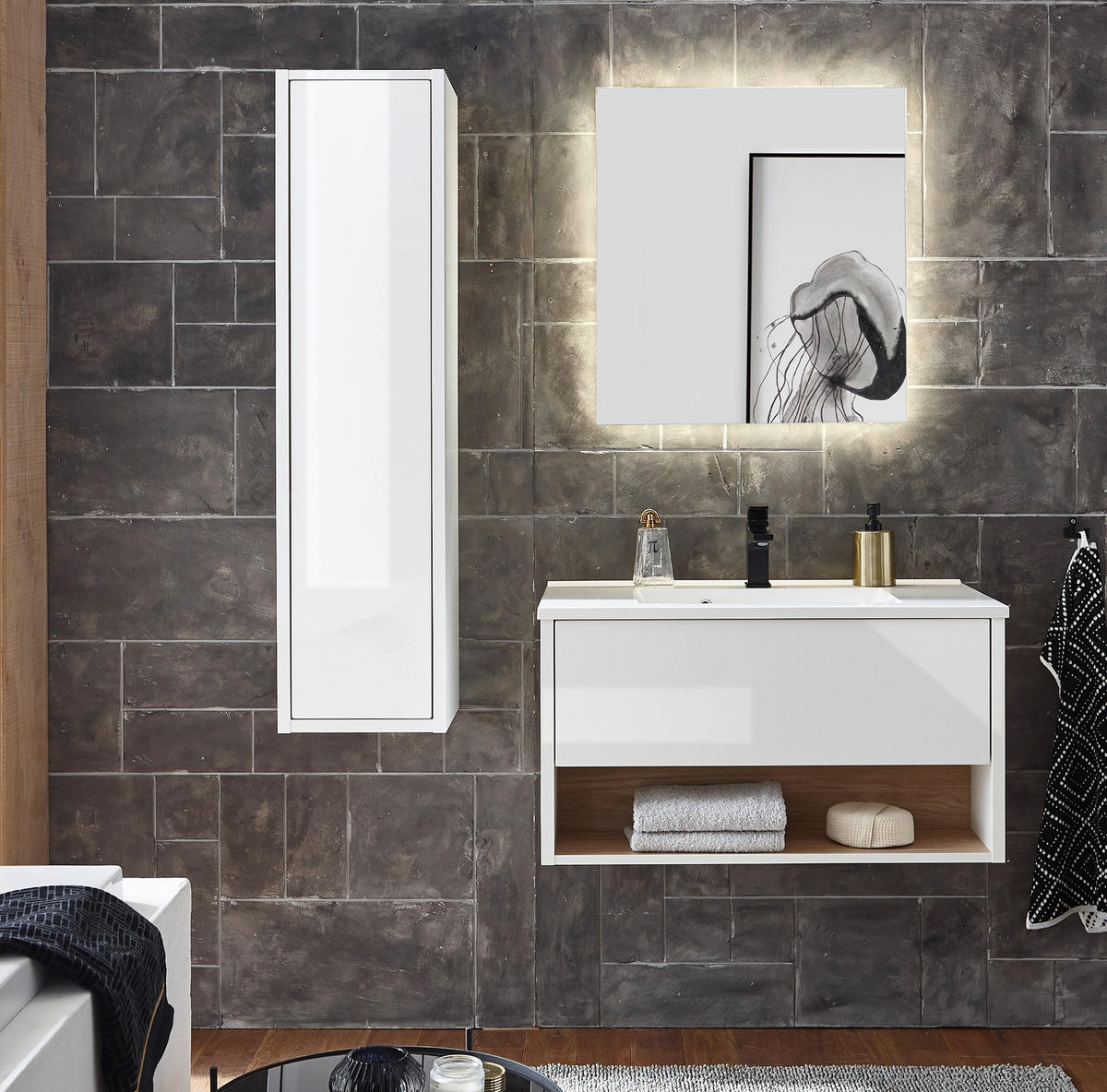 HOCHSCHRANK weiß Hochglanz hängend, Badschrank mit Push-to-Open - Weiß Hochglanz, Holzwerkstoff (30/119/30cm) - Furn.Design