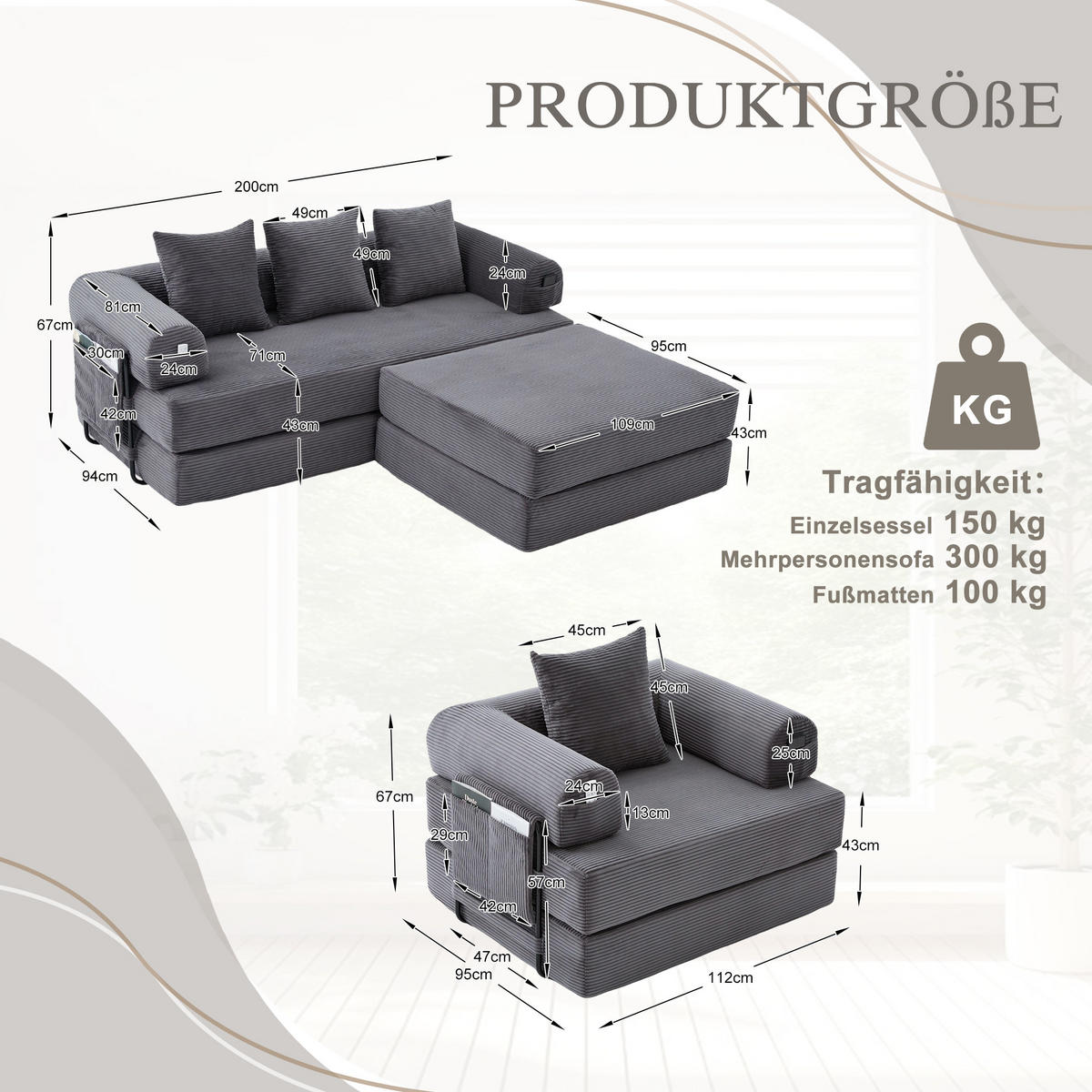 SITZGARNITUR DE-33801 modular mit Hocker Dunkelgrau - Dunkelgrau, Metall (200/67/190cm) - ComfortXL