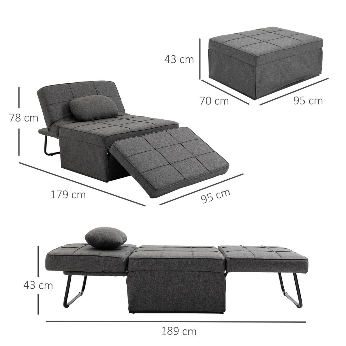 SCHLAFSESSEL 4-in-1 DE-14539 mit 5-fach verstellbarer Rückenlehne Grau - Grau, Metall (179/78/95cm) - ComfortXL
