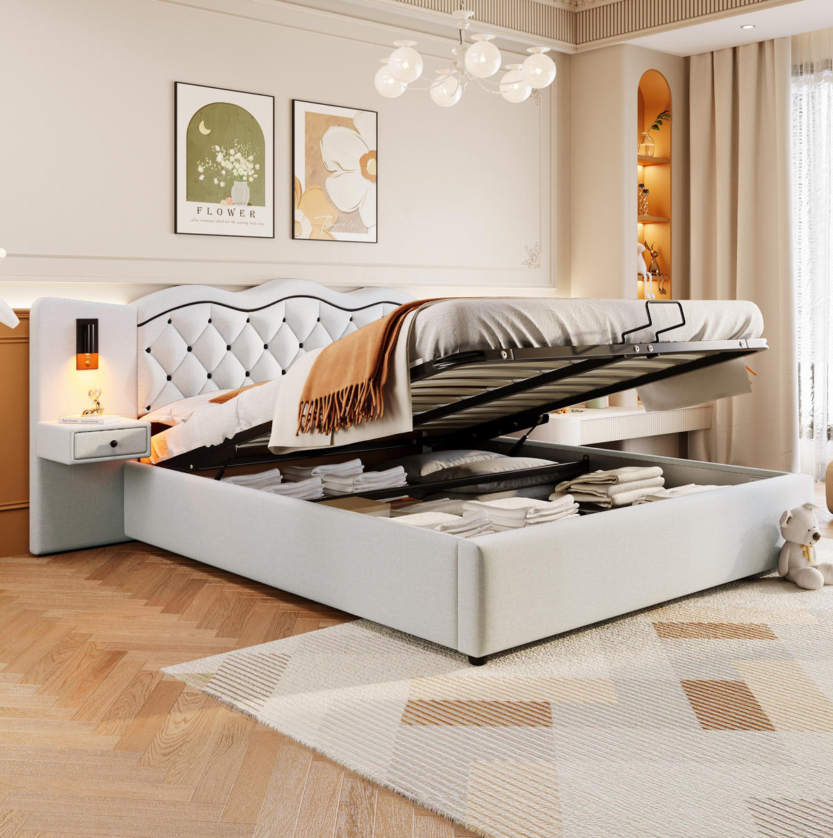 BETT gepolstert mit Stauraum und USB 180x200 cm Beige - Beige, Metall (180/200cm) - Meubliv