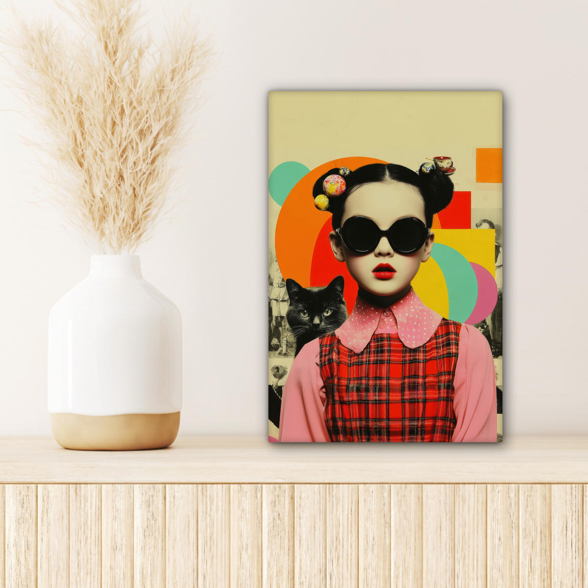 LEINWANDBILD Mädchen - Sonnenbrille - Katze - Retro Deko Wohnzimmer 20x30 cm - Beige, Textil (20/30cm) - MuchoWow