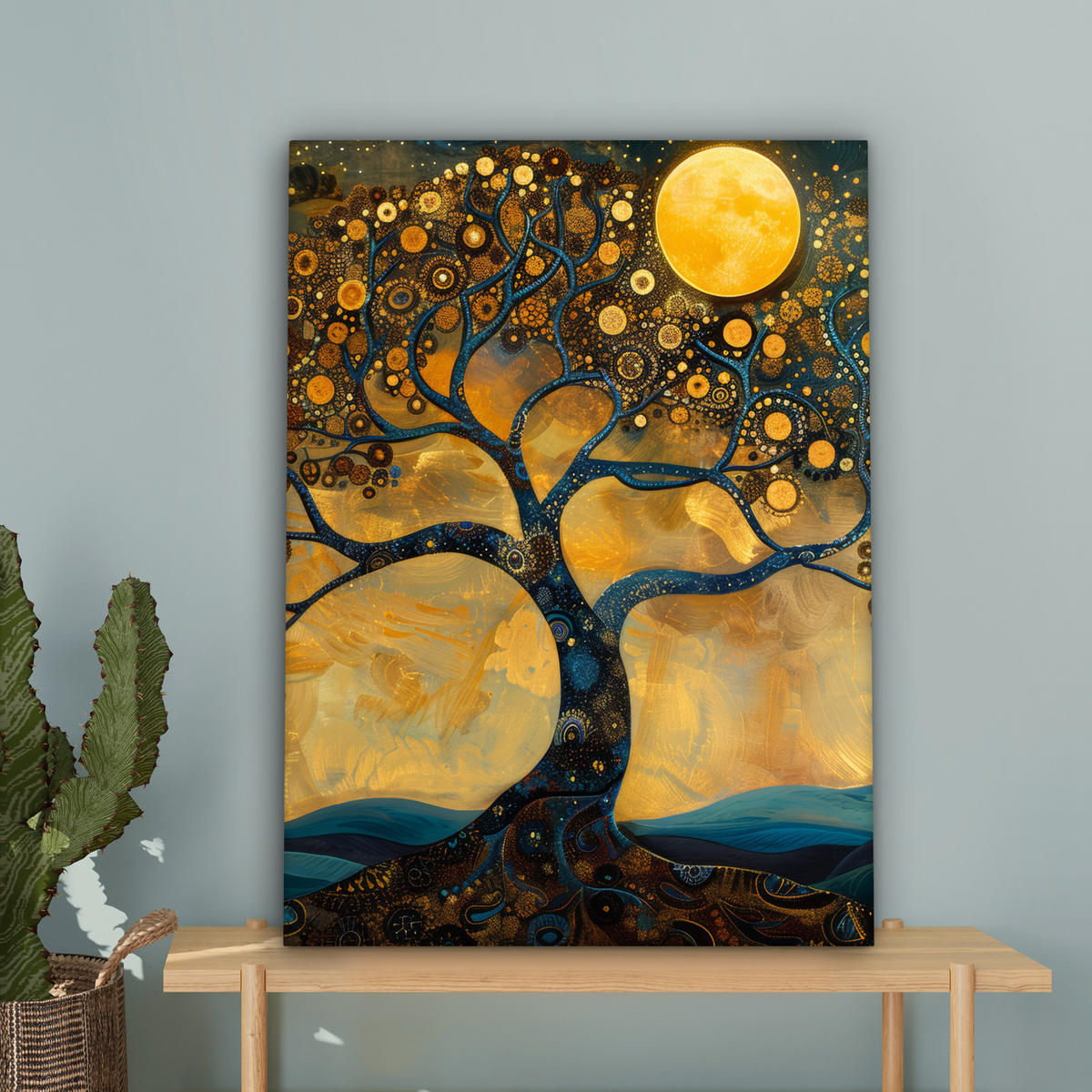 LEINWANDBILD Baum - Mond - Blumen - Gold - Kunst Wandbild Wohnzimmer 60x80 cm - Orange, Textil (60/80cm) - MuchoWow