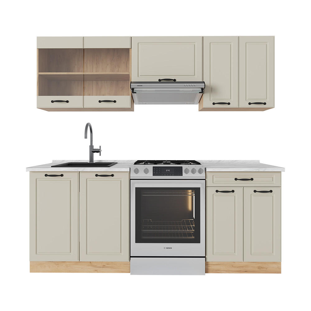 KÜCHENZEILE R-Line, Sand Landhaus/Goldkraft Eiche, 200 cm Arbeitsplatte Marmor - Honigeiche/Beige, Holzwerkstoff (200/81.6/60cm) - Vicco