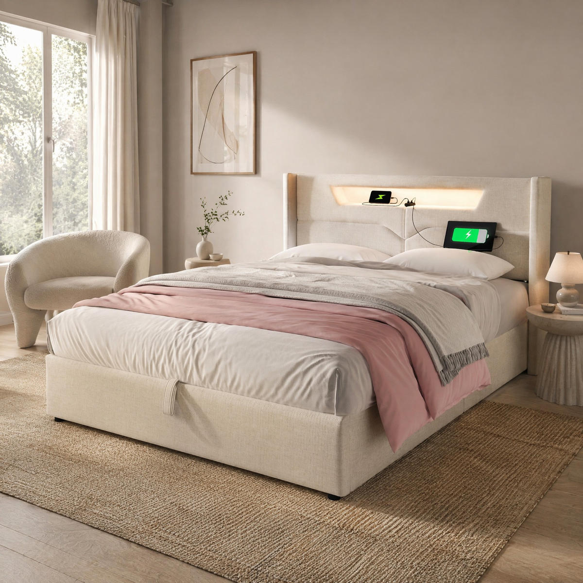 POLSTERBETT 140/200 mit LED, USB/Type-C und Stauraum in Beige - Beige, Textil/Metall (140/200cm) - EVRYAE