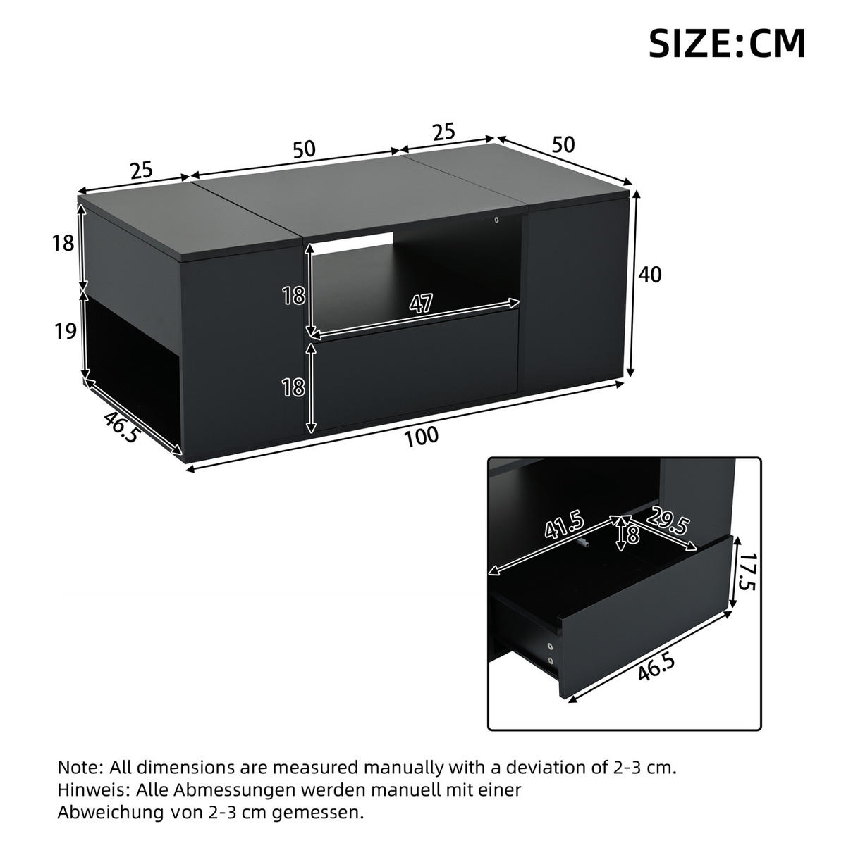 KONFERENČNÍ stolek 100/50/40 cm černý z dřevotřísky s LED osvětlením a úložnými přihrádkami - černá, kompozitní dřevo (100/50/40cm) - OKWISH