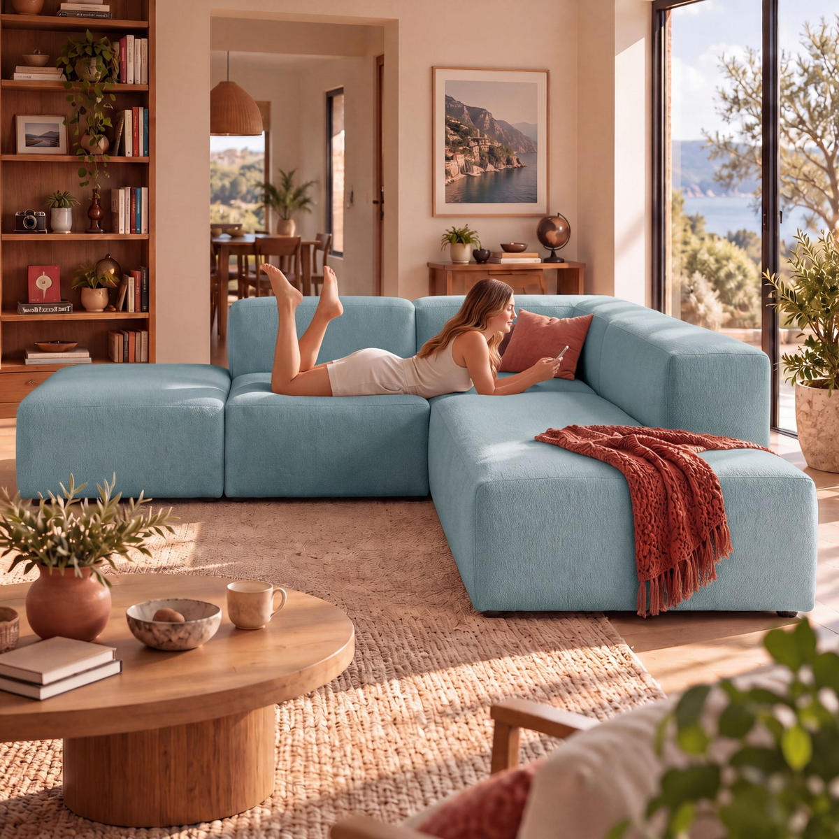 4-SITZER modulares Ecksofa HEAVEN SET 3 Rechts, Breite 270 cm Webstoff Blaugrau - Blaugrau/Schwarz, Holz/Kunststoff (270/245cm) - Muffo