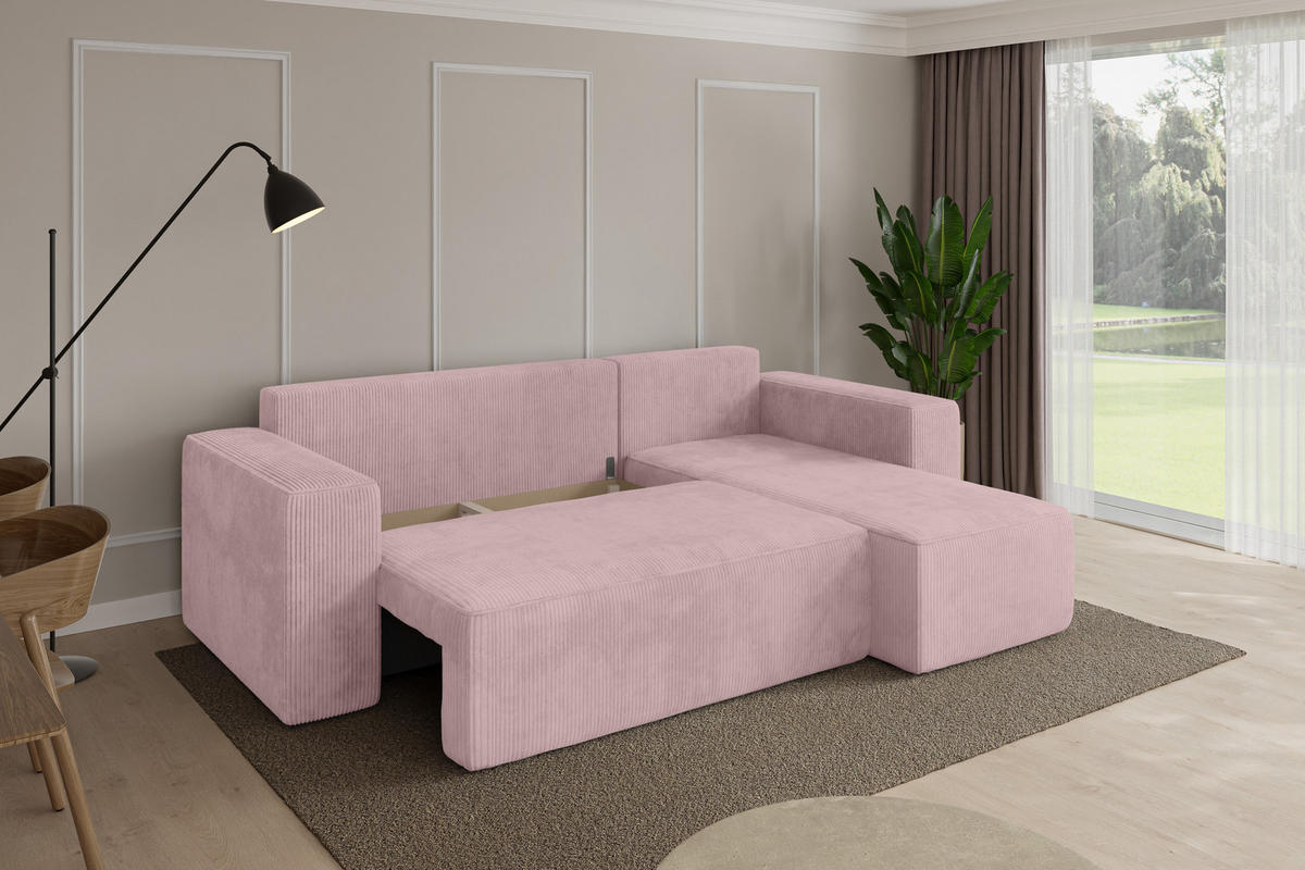 ROHOVÁ SEDAČKA s funkcí spaní, otoman vpravo SENO-L 249x139x85 růžová manšestr - růžová/černá, kompozitní dřevo/textil (249/139cm) - ALTDECOR