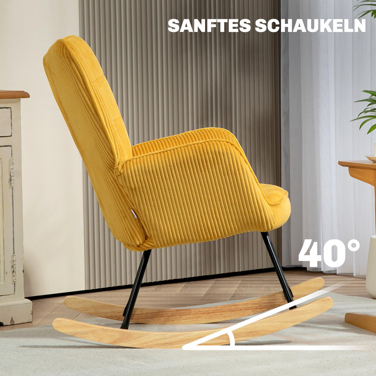SCHAUKELSTUHL, Schaukelsessel mit Kordoptik, Armlehne für Wohnzimmer, Gelb - Gelb/Naturfarben, Buchenholz/Textil (98/101/71cm) - HOMCOM