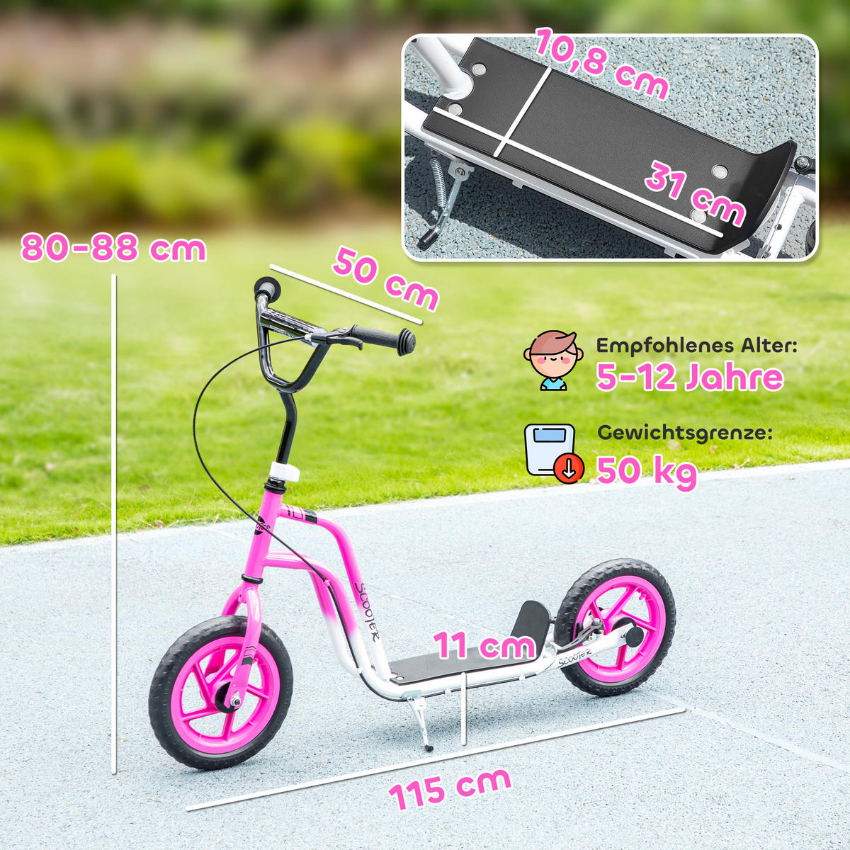 ROLLER Kinder Tretroller Kickscooter mit verstellbarem Lenker 12 Zoll Räder Rosa - Hellrosa, Kunststoff (115/50/88cm) - AIYAPLAY
