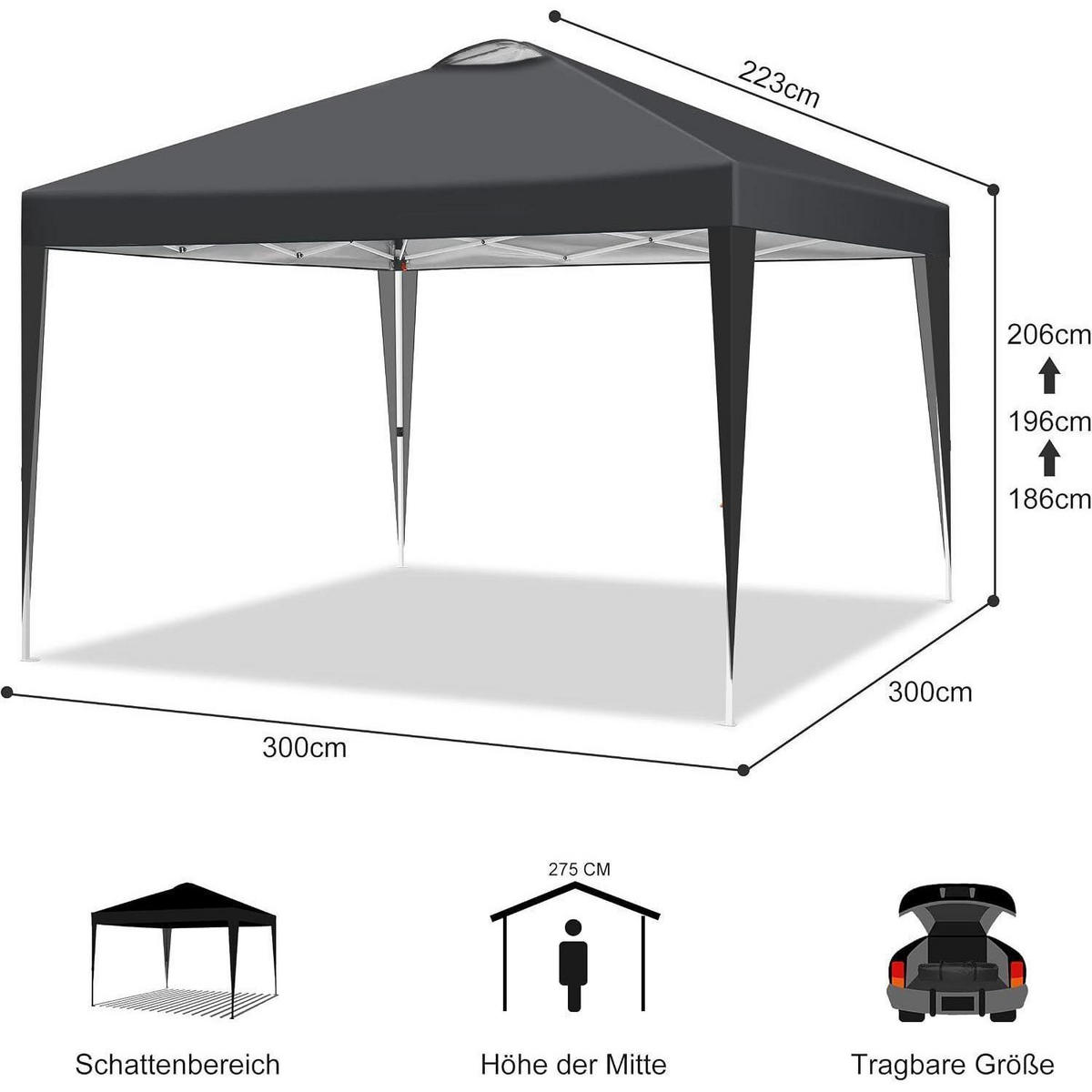 PAVILLON 3 x 3 m schwarz mit 4 Seitenteilen und Belüftungsöffnung - Schwarz, Textil (300/223/300cm)