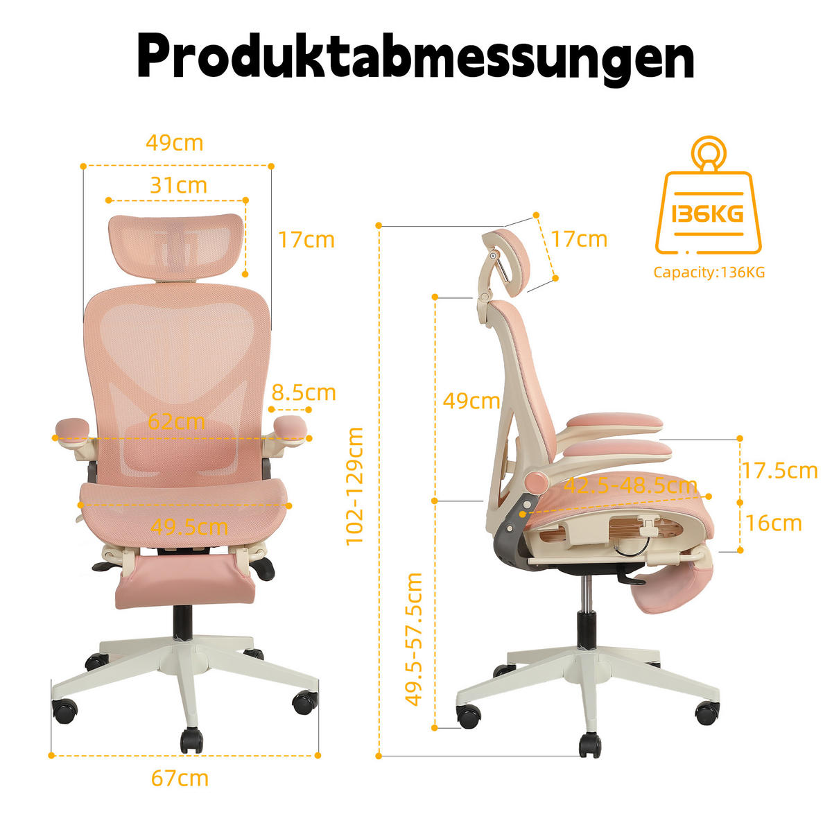 DREHSTUHL DE-40937 mit klappbarer Rückenlehne und 3D-Kopfstütze Rosa - Pink, Metall (62/129/48.5cm) - ComfortXL