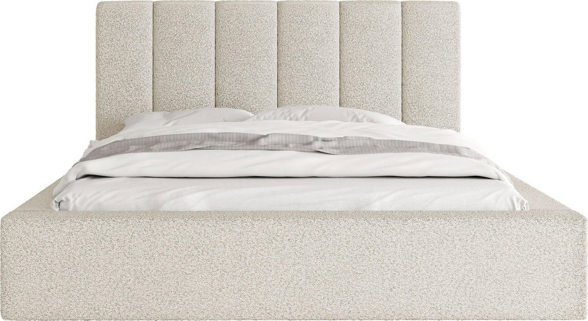 POLSTERBETT Amira mit Stauraum, Lattenrost und hohem Kopfteil - Weiß Bouclé 140x200 cm - Birkefarben/Schwarz, Holzwerkstoff/Kunststoff (140/200cm) - WFL GROUP