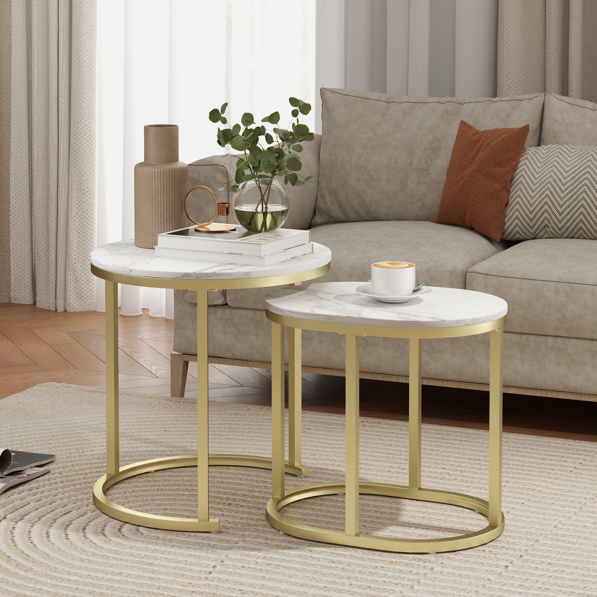 COUCHTISCH rund 2er Set Stapelbarer Beistelltisch mit Stahlrahmen für Wohnzimmer - Weiß, Holzwerkstoff (50/50/50.5cm) - HOMCOM