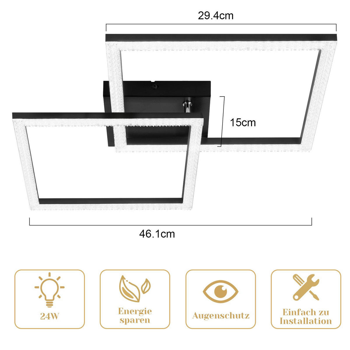 DECKENLEUCHTE LED Schlafzimmer Schwarz Modern Kristall Warmweiß für Flur 34CM - Schwarz, Kunststoff (34/34/7cm) - ZMH