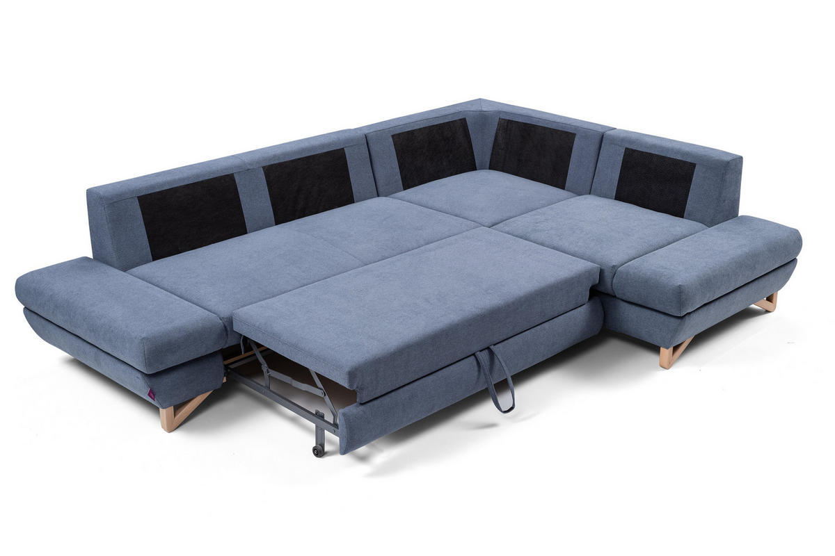 ECKSOFA CASA II R-S Blau Plüsch-Stoff mit Schlaffunktion - Blau, Holz (272/199cm) - MASSENO