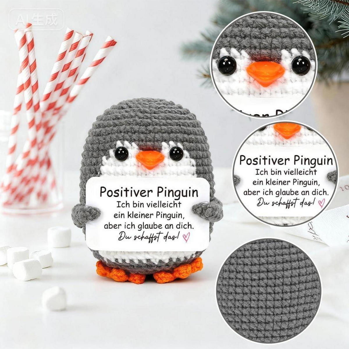 KUSCHELTIER Pinguin gehäkelt Grau mit Karte - Grau, Textil (10.5/10.6cm)