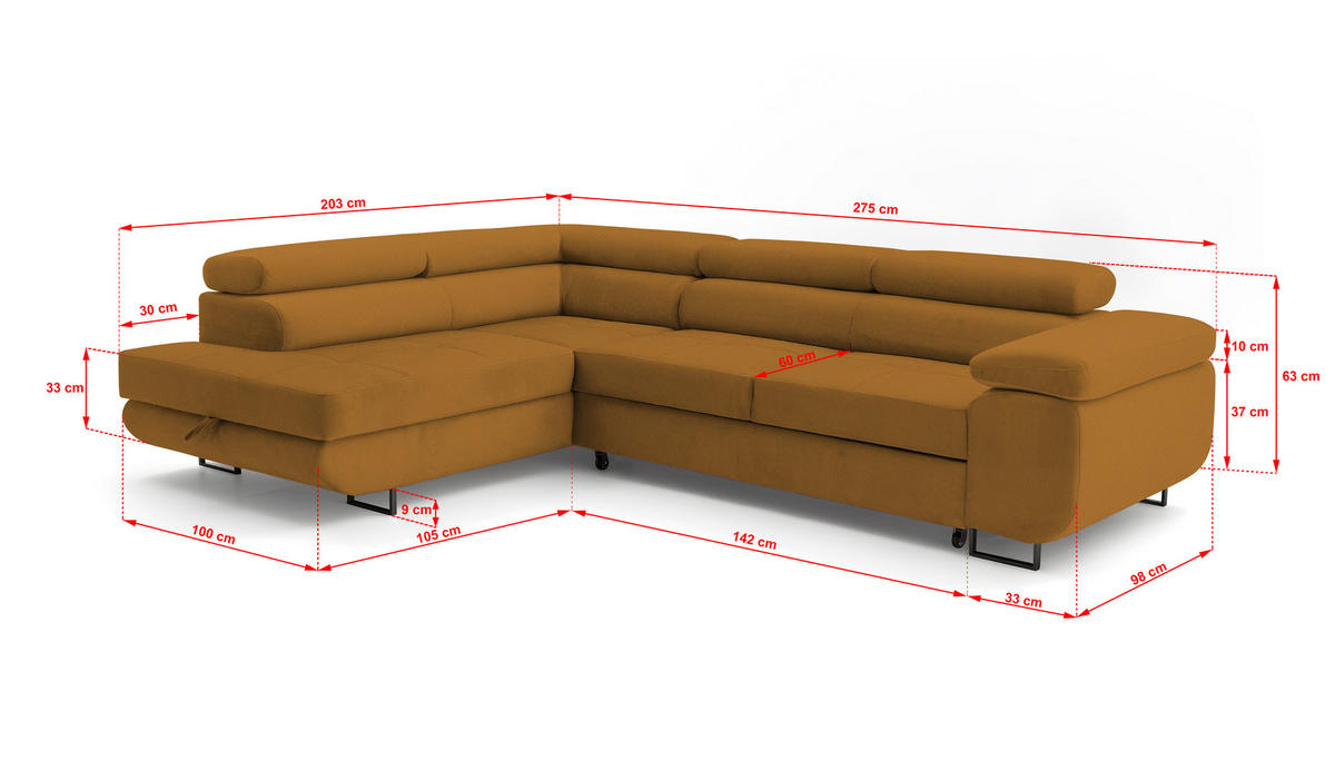 ECKSOFA Velmo mit Bettkasten und Schlaffunktion, verstellbaren Kopfstützen, in L-Form - Goldfarben, Textil (275/203cm)