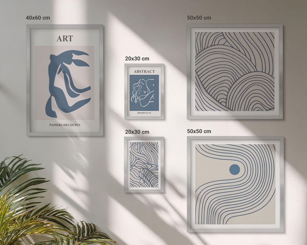 BILDER SET 5er Set - 50x50 cm & 20x30 cm & 40x60 cm Silberner Rahmen - Abstrakte blaue Linien - Silberfarben, Kunststoff (40/60cm) - TULUP