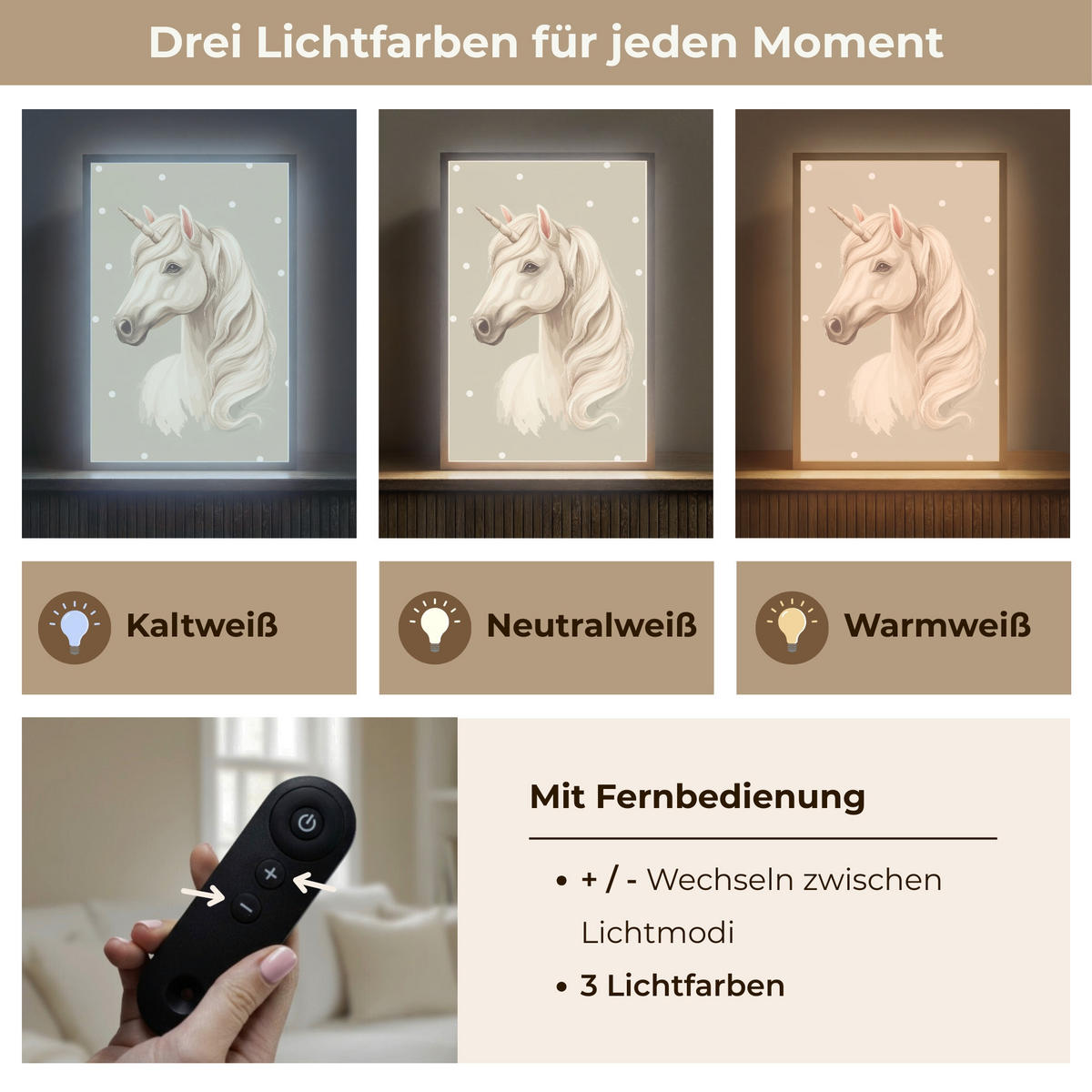 NACHTTISCHLAMPE MIT AKKU Einhorn - Weiß - Punkte 40x60 cm - Taupe, Holzwerkstoff (8/40/60cm) - OnlyWow
