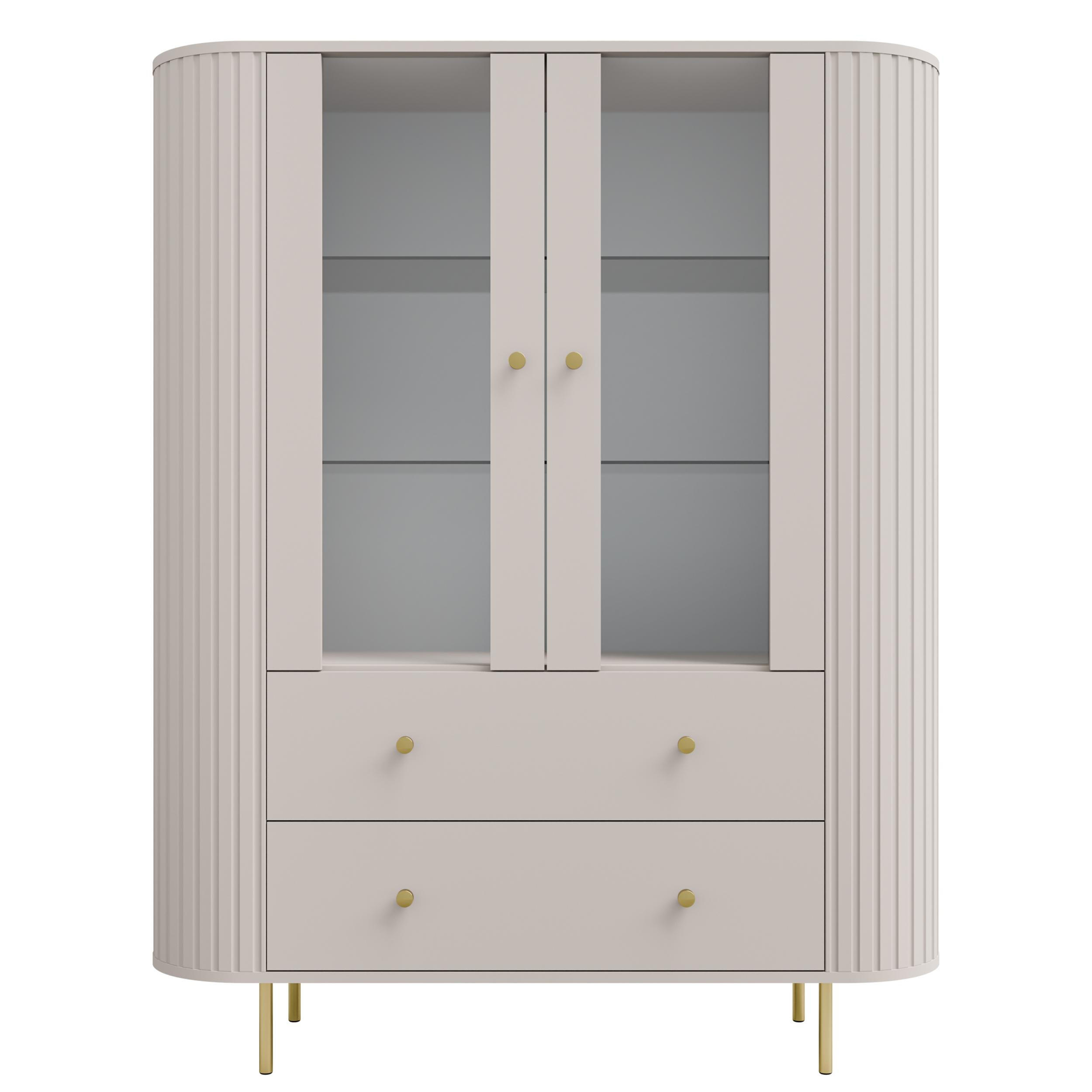 VITRINE Halay Beige, 2 Türen & 2 Schubladen Moderne Rillenstruktur, mit runden Kanten - Beige/Goldfarben, Holzwerkstoff/Metall (123/155/42.3cm) - AX Living