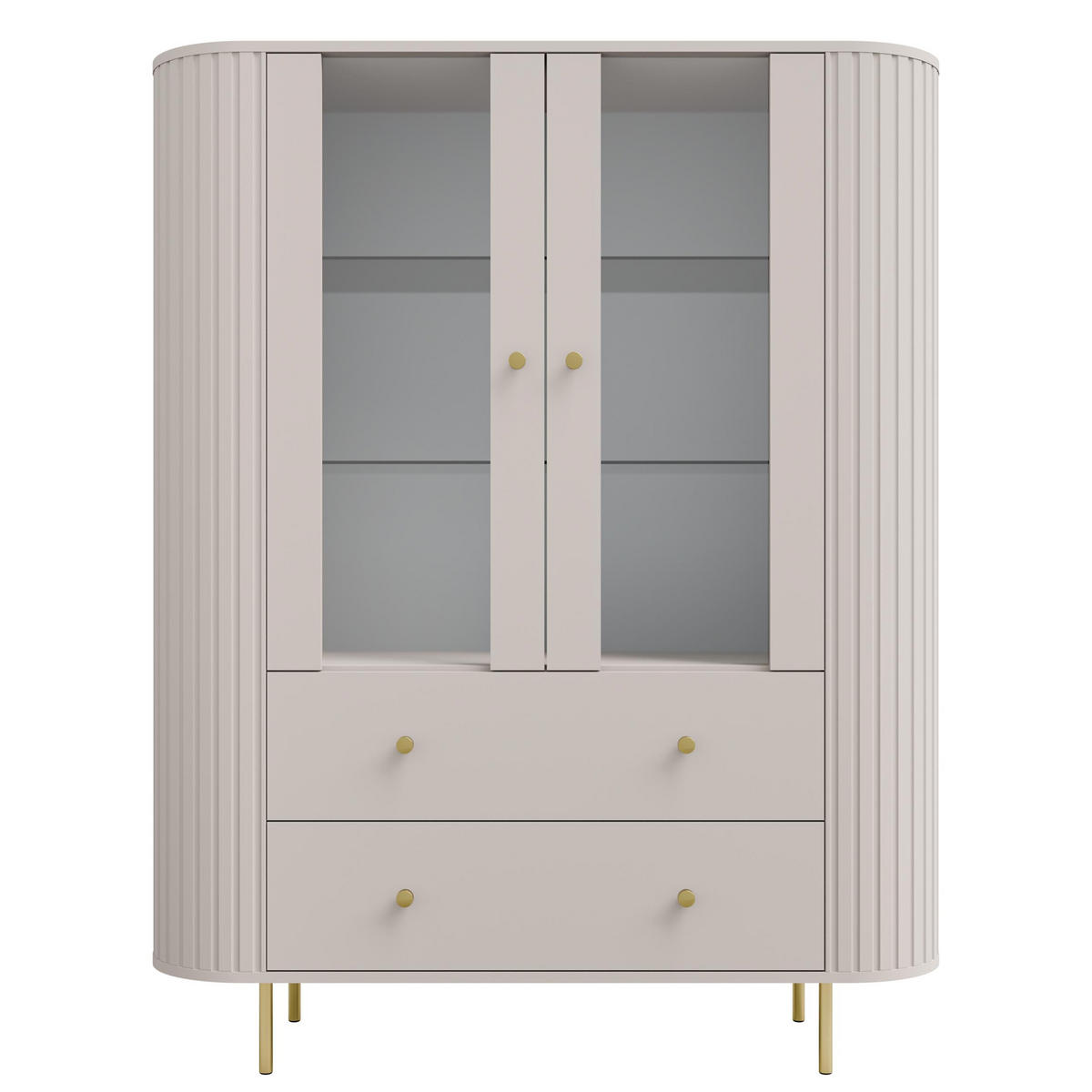 VITRINE Halay Beige, 2 Türen & 2 Schubladen Moderne Rillenstruktur, mit runden Kanten - Beige/Goldfarben, Holzwerkstoff/Metall (123/155/42.3cm) - AX Living