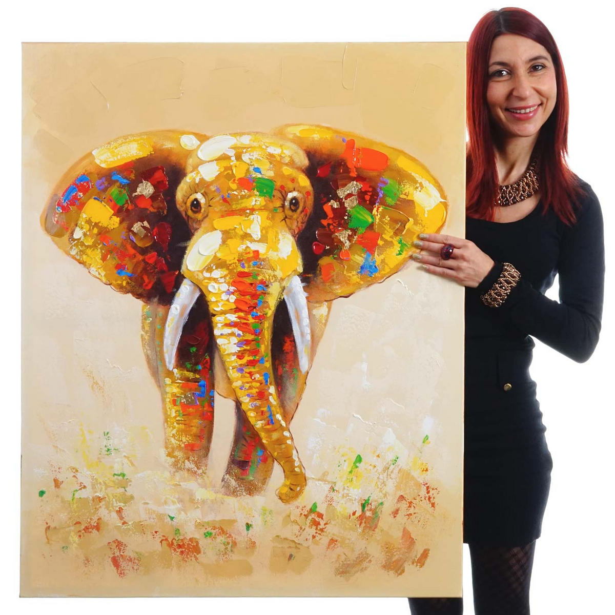 ÖLGEMÄLDE ELEFANT HANDGEMALT Mehrfarbig - Multicolor, Textil (80/100cm) - MCW