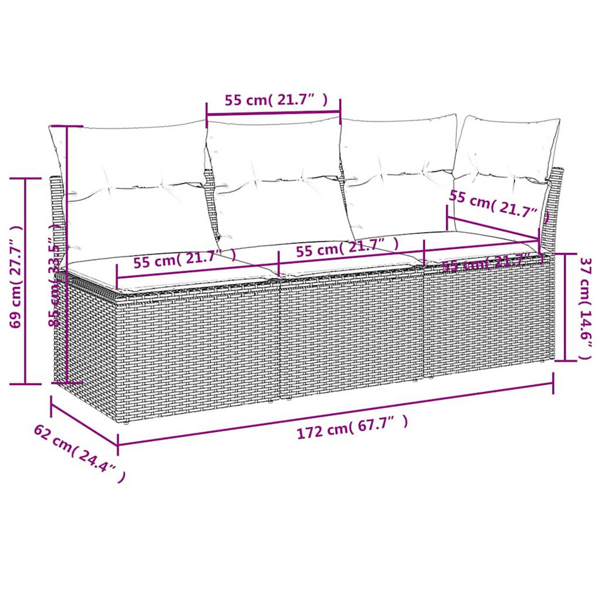 GARTENSOFA Mit Kissen 3-Sitzer Schwarz Poly Rattan - Schwarz, Kunststoff (172/69/62cm) - vidaXL