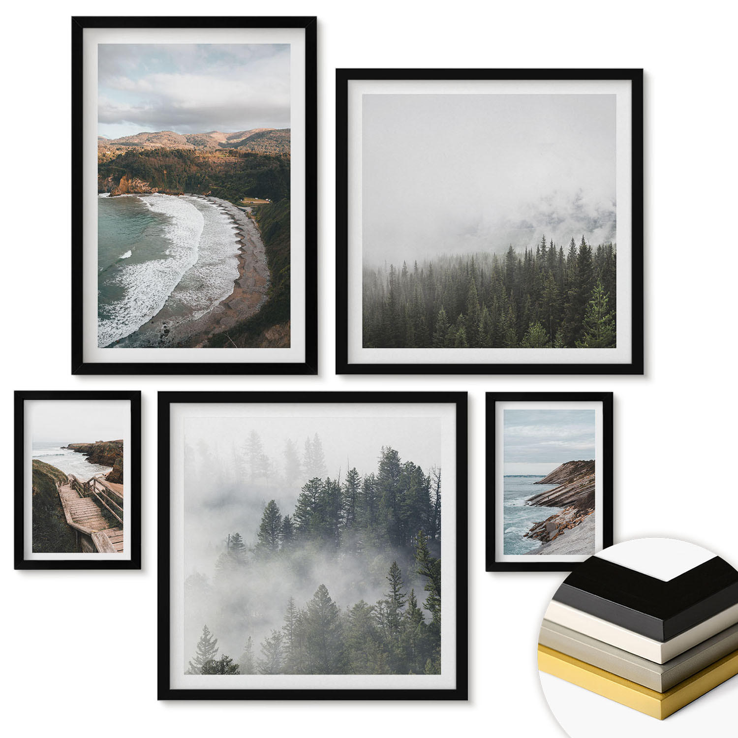 WANDBILDER 5er-Set - 50x50 cm & 20x30 cm & 40x60 cm Schwarzer Rahmen - Klippenblicke, Strandlandschaften - Schwarz, Kunststoff (40/60cm) - ArtPrintCave