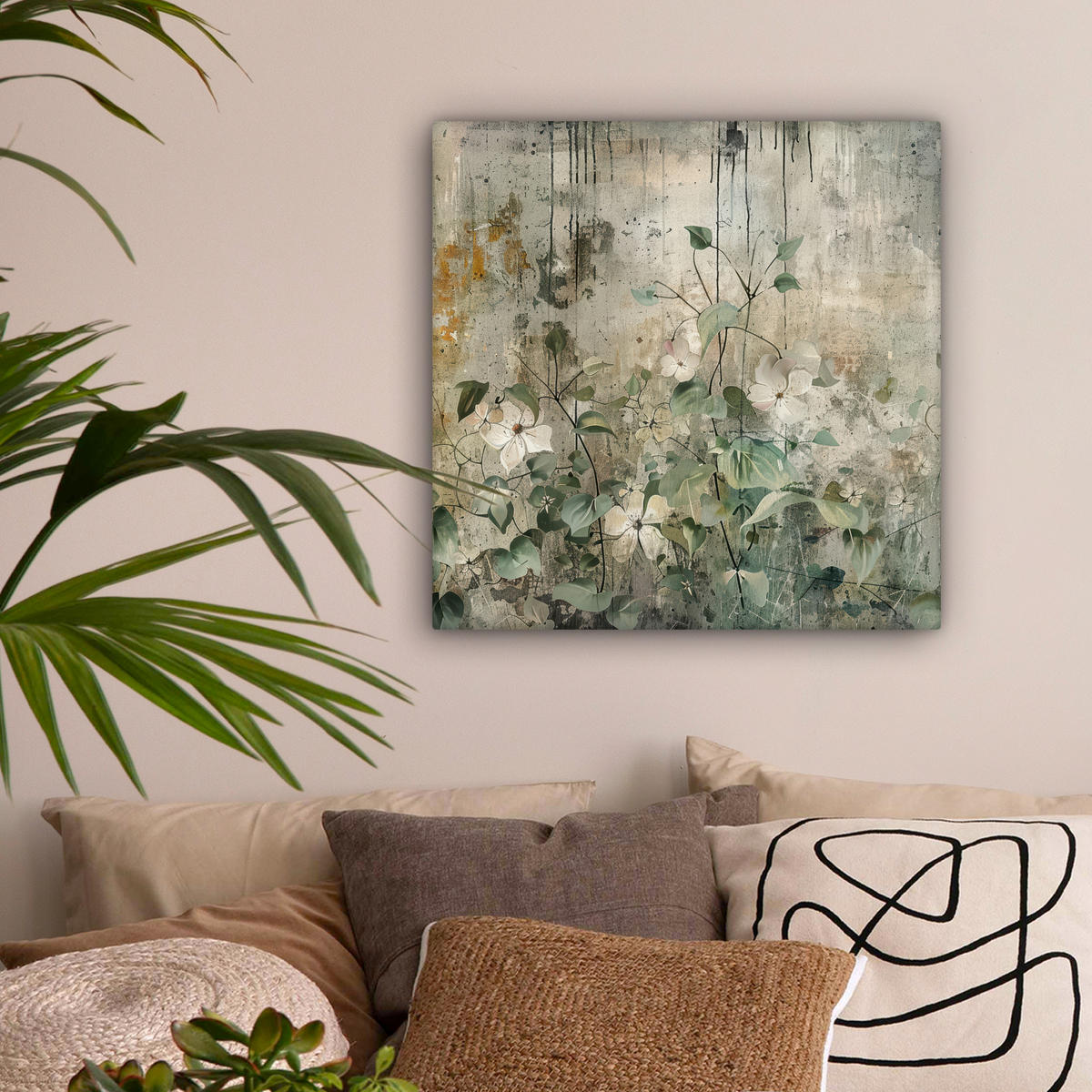 LEINWANDBILD - Blumen - Blätter - Abstrakt - Modern - 50x50 - Room Decor - Grau, Textil (50/50cm) - MuchoWow