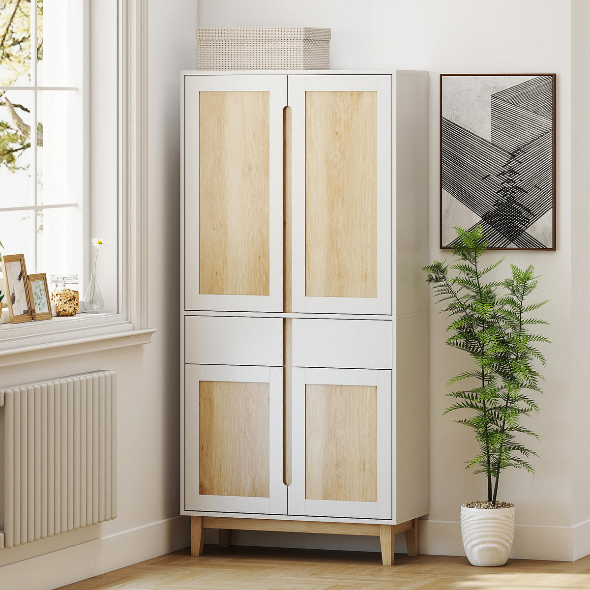 BUFFET DE-11225 4 Türen Weiß/Eiche - Weiß, Holzwerkstoff (35/170/80cm) - ComfortXL