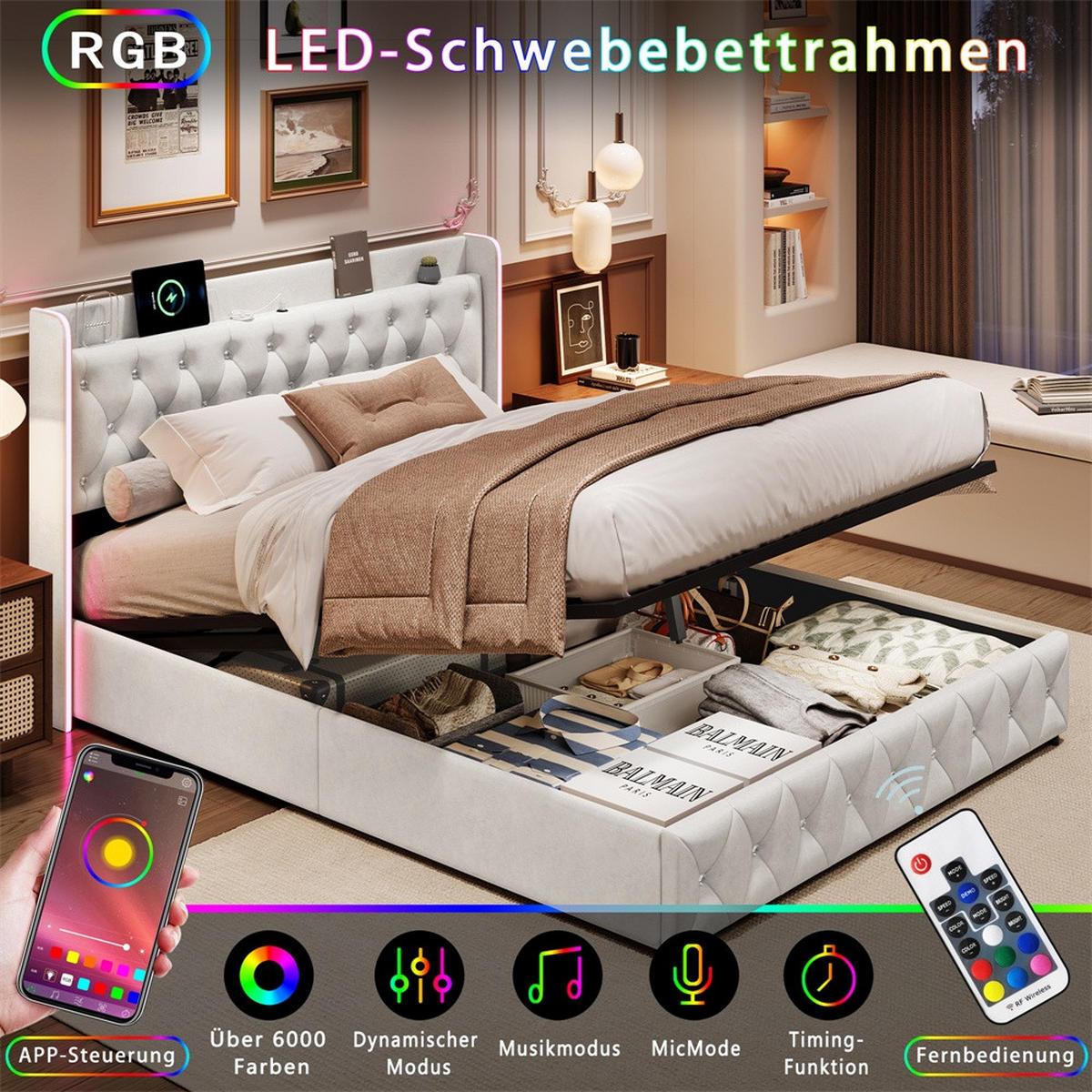 POLSTERBETT 160x200 cm - Doppelbett mit hydraulischem Stauraum und LED - ohne Matratze - Beige - Beige, Textil (160/200cm) - DELFA