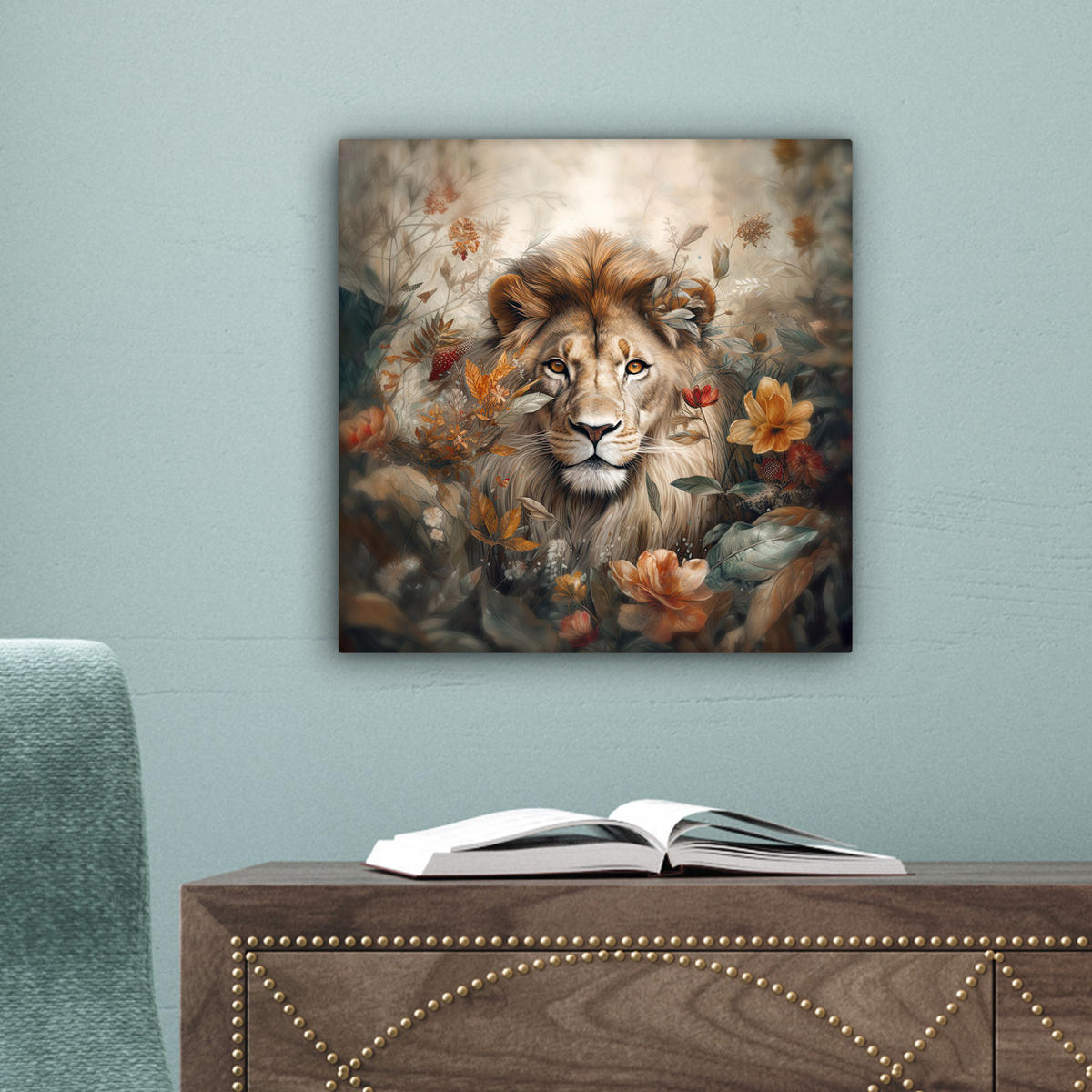 LEINWANDBILD Löwe - Wildtiere - Pflanzen - Natur - Blumen Deko Wohnzimmer 20x20 cm - Beige, Textil (20/20cm) - MuchoWow