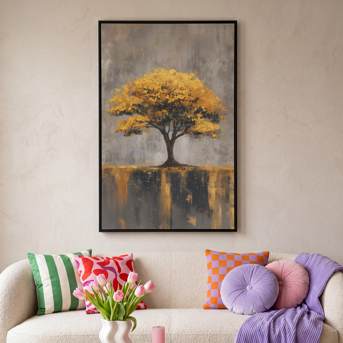 LEINWAND Bilder mit Rahmen - Baum - Blätter - Gold - Abstrakt - 80x120 - Grau, Textil (80/120cm) - MuchoWow