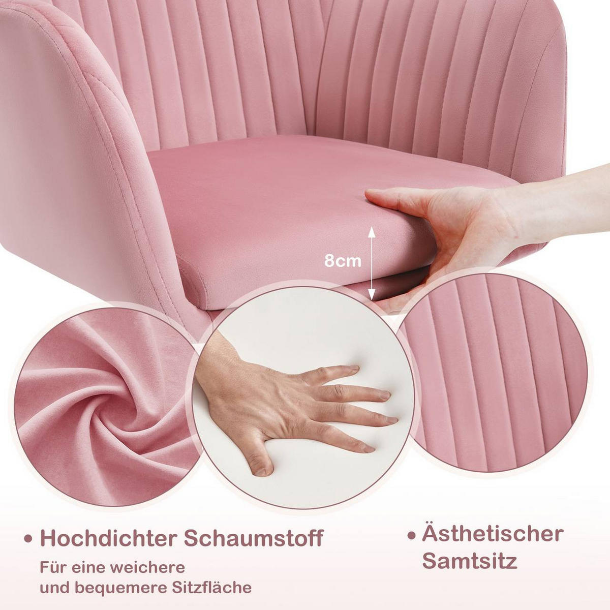 DREHSTUHL mit Armlehnen, Samt, Metallrahmen, Rosa - Weiß/Rosa, Kunststoff/Textil (58/80/58cm) - Woltu