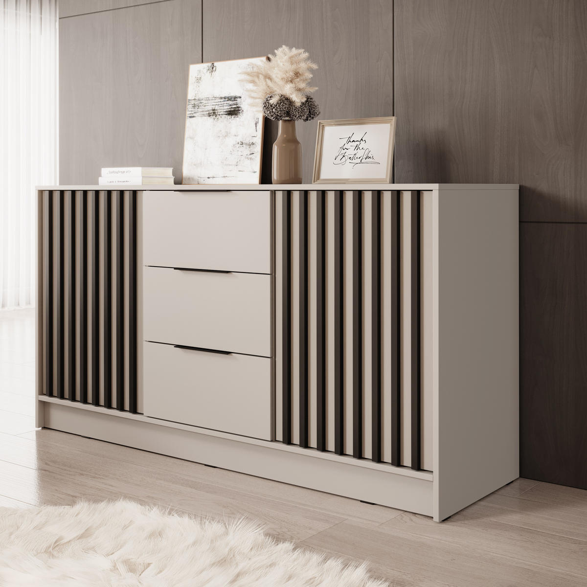 KOMMODE Stilo 155 cm in Kaschmir + schwarze Lamellen - Kaschmir/Schwarz, Holzwerkstoff/Kunststoff (155/86/45cm) - Ravio