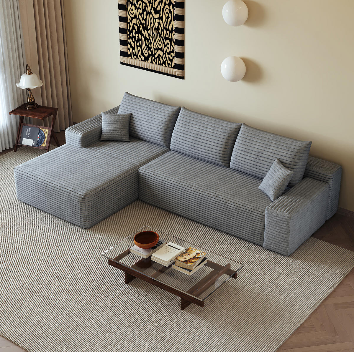 ECKSOFA 270 cm in Grau aus Cord mit weicher Polsterung - Grau, Textil (175/270cm) - Flora Grace