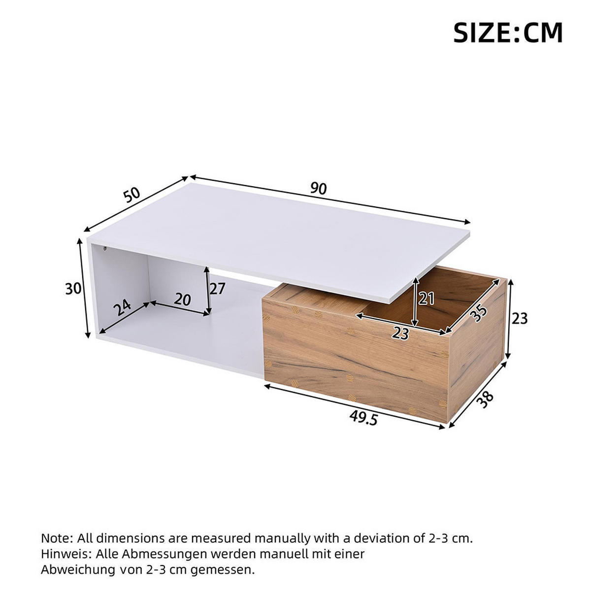 COUCHTISCH in 90x50x30cm, Schublade 360° frei drehbar, Weiß + Holzfarbe - Weiß, Holzwerkstoff (90/50/30cm) - KOMHTOM