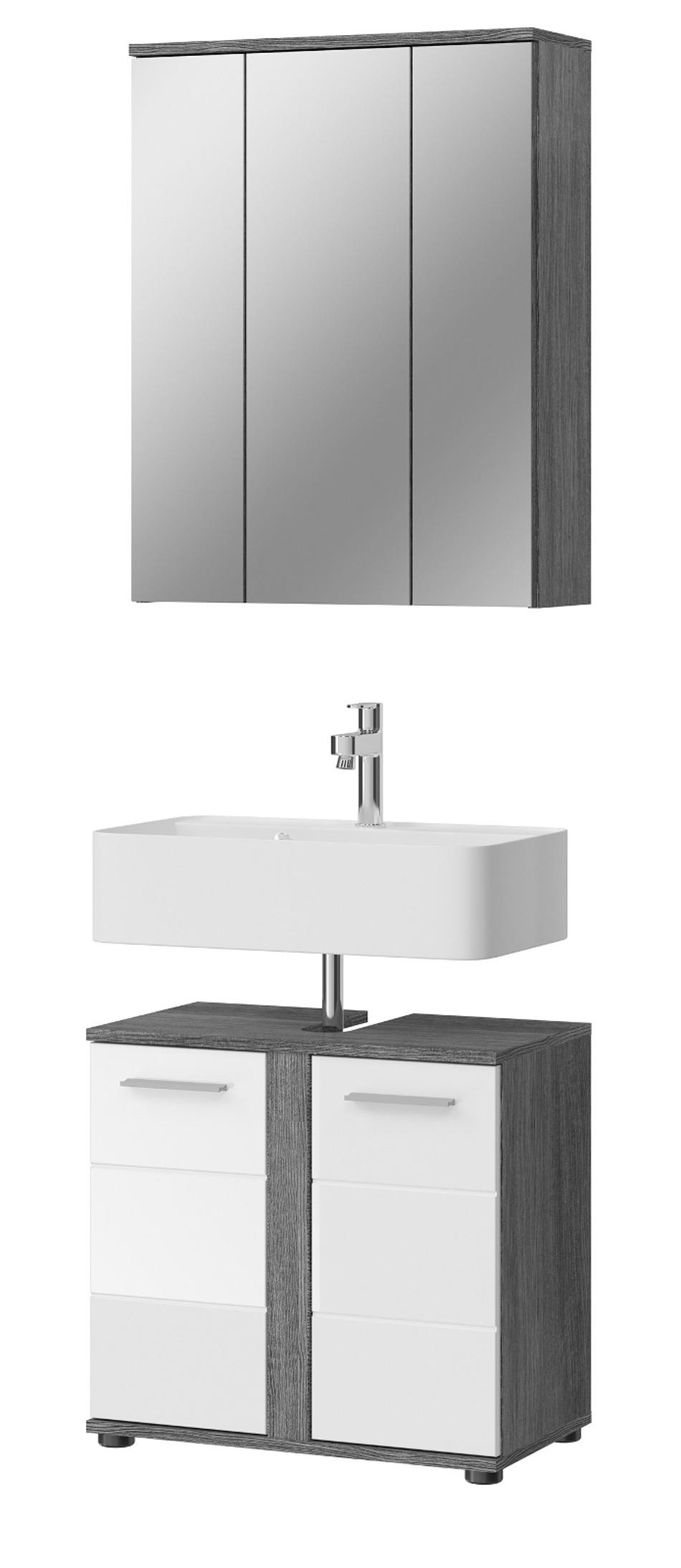 BADMÖBEL-SET weiß Hochglanz, grau 2-teilig 60 cm, 11 Fächer - Weiß Hochglanz/Grau, Glas/Holzwerkstoff (60/191/34cm) - Inn.Furn