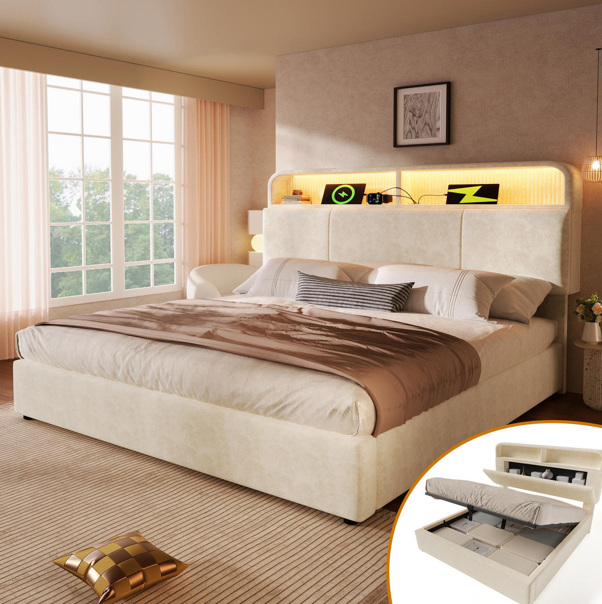 BETT mit Stauraum 140x190 cm Samt Beige mit LED und USB - Beige, Metall (140/190cm) - Meubliv