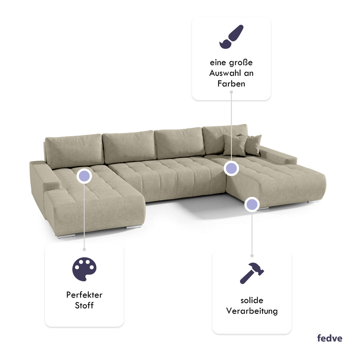 WOHNLANDSCHAFT mit Schlaffunktion Dhaka U, Vanille - Beige, Textil (185/85/350cm) - Fedve