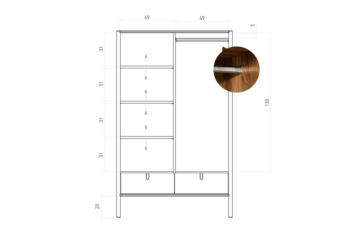 KLEIDERSCHRANK MIT SCHUBLADE INA Kernbuche - Ecru, Holz (108/175/60cm) - byoak