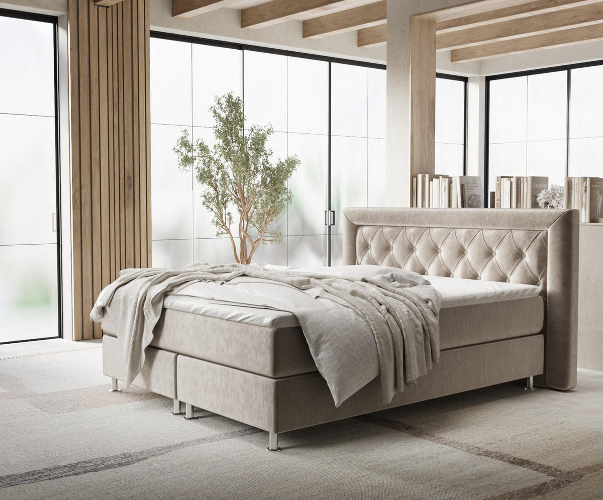 BOXSPRINGBETT Lavello Taupe 200/200 cm mit Latex-Topper - Taupe/Silberfarben, Holz/Holzwerkstoff (200/200cm) - Maison de Reve