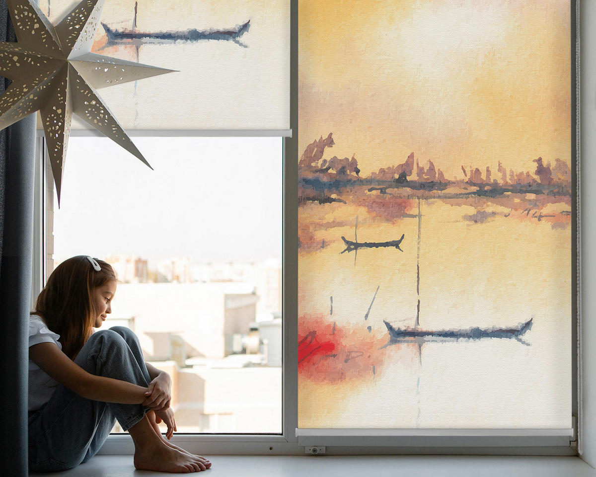 VNÚTORNÁ roleta - okenná roleta - roleta - 80x180 cm - Západ slnka nad jazerom - oranžová, plast (80/180/0.5cm) - TULUP
