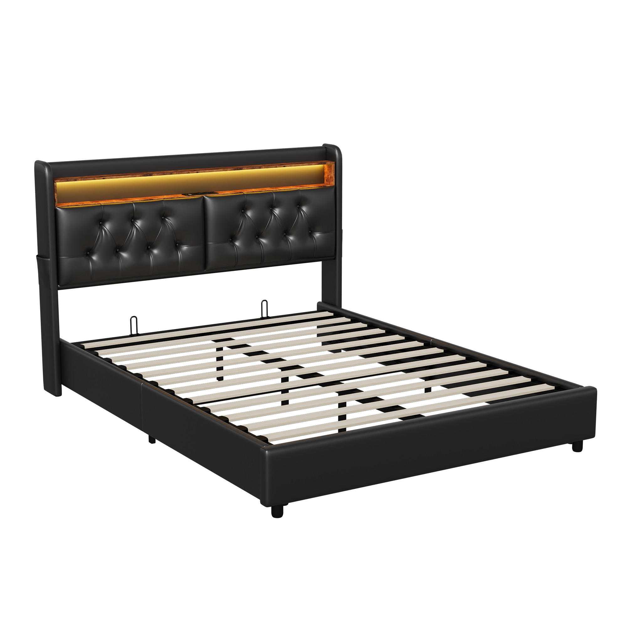POLSTERBETT 140x200 cm, Schwarz, LED-Beleuchtung und Steckdosen - Schwarz, Textil/Metall (140/200cm)
