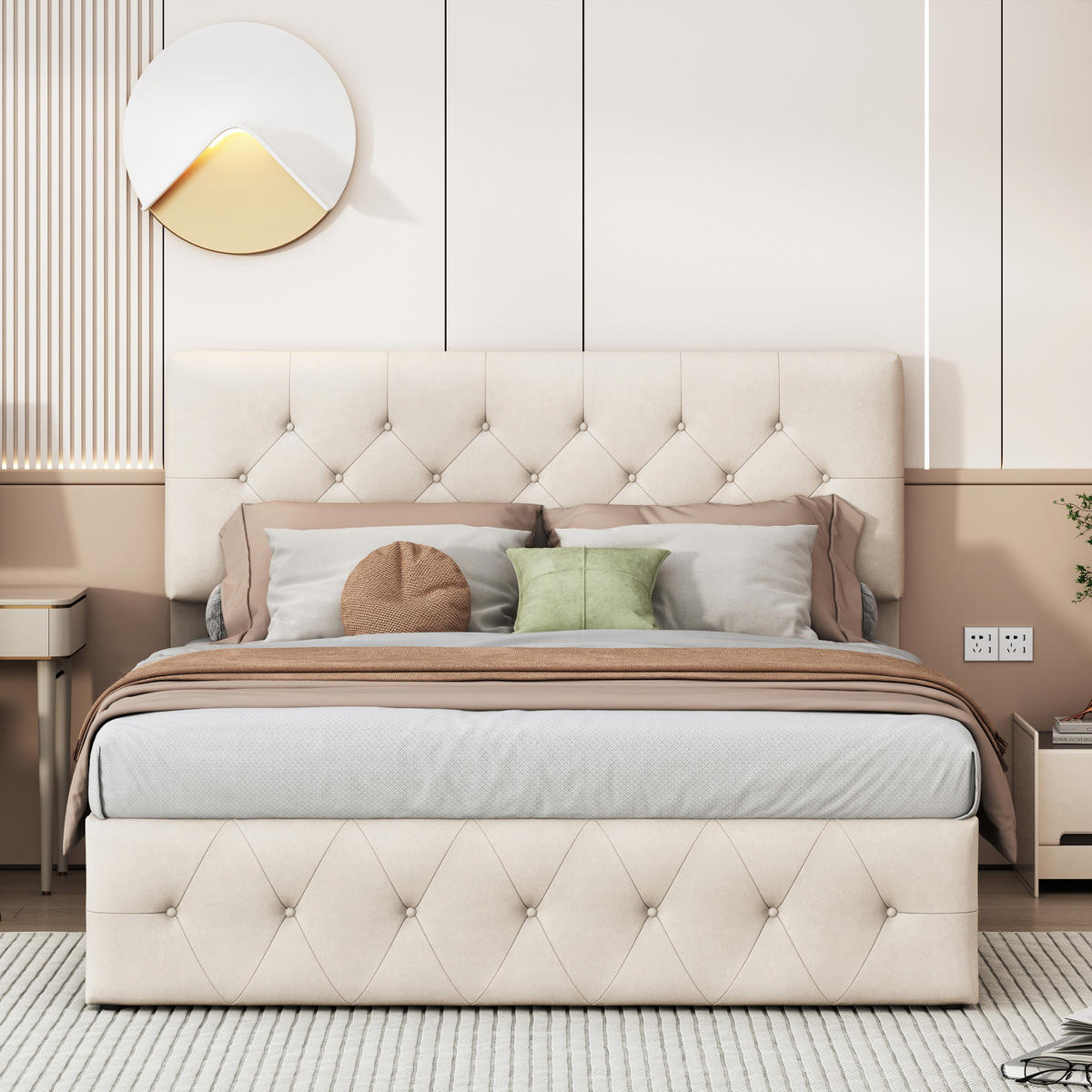 POLSTERBETT 140x200 cm mit Bettkasten und Hydraulik, Doppelbett mit Lattenrost und Kopfteil, Bett 140x200, Samtstoff, Beige - Beige, Textil/Metall (140/200cm) - GENKI LIVING