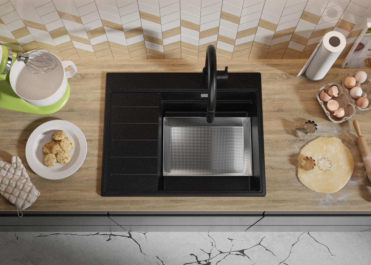 SPÜLBECKEN Sydney, 2-er set Schwarz 62/50 cm 1 Becken + Ablauf-Set + Küchenzubehörset ab 45er Unterschrank - Chromfarben/Beige, Kunststoff (62/20/50cm) - Primagran