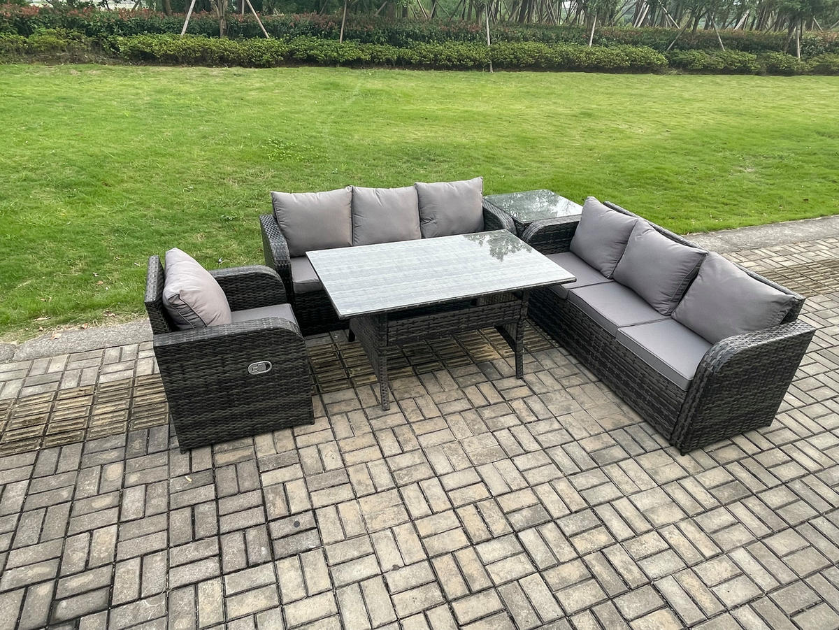 GARTENTISCHGRUPPE mit Beistelltisch Polyrattan Dunkelgrau 7-Sitzer - Dunkelgrau/Grau, Glas/Kunststoff - Fimous